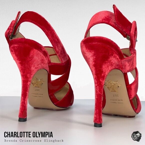 CHARLOTTE OLYMPIA BRENDA CRISSCROSS SLINGBACK PUMPS IN RED VELVET EU 38.5 NEW - Picture 9 of 15